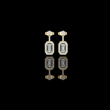 0.69 CT Imperial Emerald Cut Halo Moissanite Drop Earrings Gold with Geometric Brilliance Frame For Classy Girl
