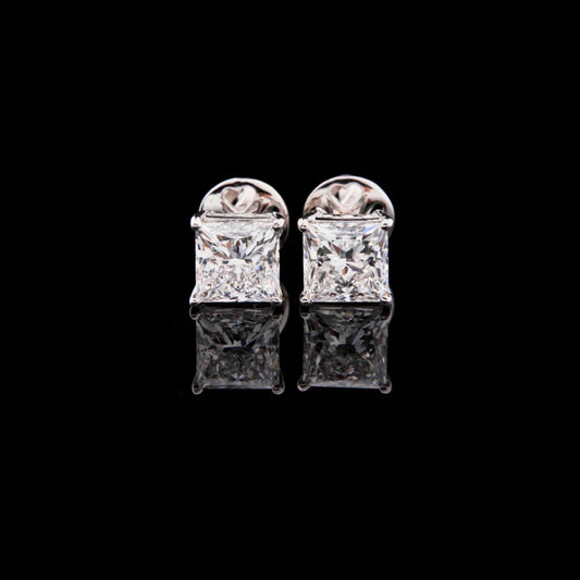 Premium Princess Cut Lab Diamond Stud Earrings in Polished White Gold Brilliant Solitaire Design