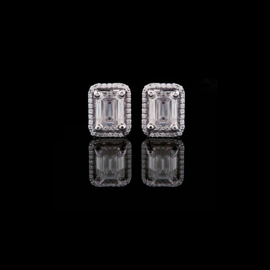 Luxurious Emerald Cut Lab Diamond Halo Stud Earring in White Gold