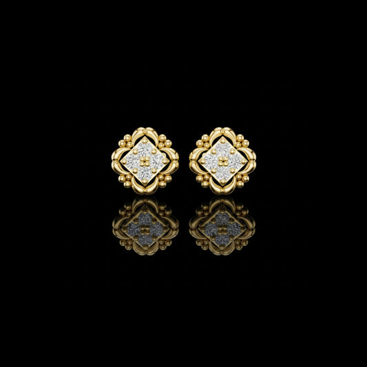 0.52 TCW Ornate Moissanite Diamond Stud Earrings in Sculpted Gold with Floral Beaded Frame