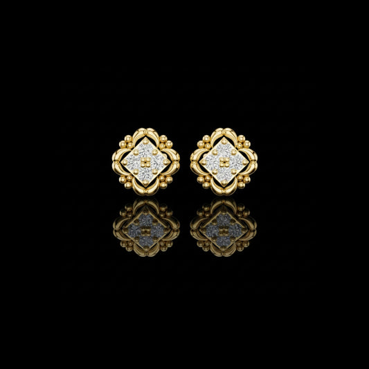 Sculpted Ornate Round Lab Diamond Stud Earrings with Floral Beaded Frame