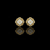 Sculpted Ornate Round Moissanite Diamond Stud Earrings with Floral Beaded Frame