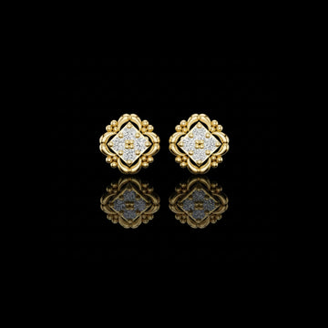 Sculpted Ornate Round Moissanite Diamond Stud Earrings with Floral Beaded Frame