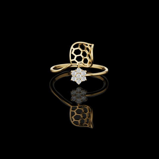0.011 TCW Honeycomb Inspired Ring with Dazzling Moissanite Diamond Flower