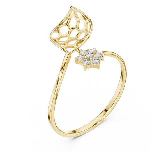 0.011 TCW Honeycomb Inspired Ring with Dazzling Moissanite Diamond Flower