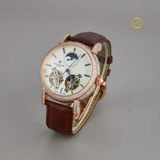 Rose Gold Dual Tourbillon Moonphase Watch with Diamond Bezel & Leather Strap