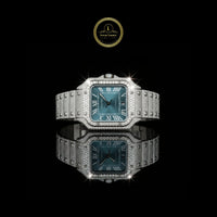 Full Iced Out Diamond Watch with Blue Sunburst Dial & Square Case