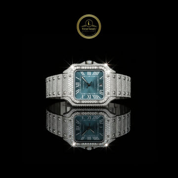 Full Iced Out Diamond Watch with Blue Sunburst Dial & Square Case