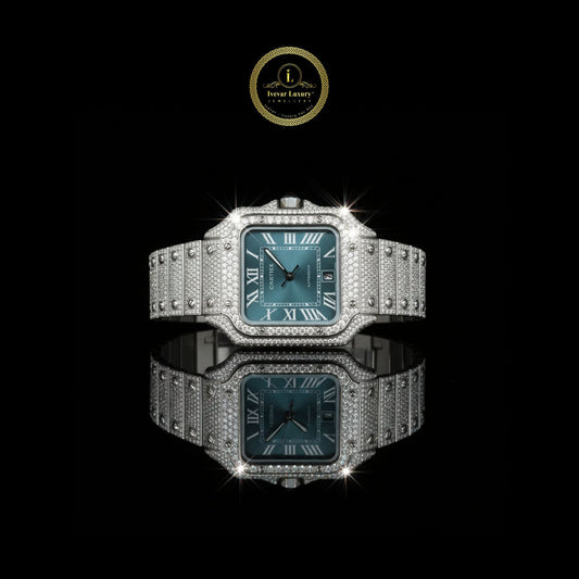 Full Iced Out Diamond Watch with Blue Sunburst Dial & Square Case