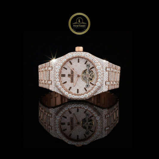 Full Iced Out Rose Gold Tourbillon Watch with Diamond Pave Dial & Bracelet