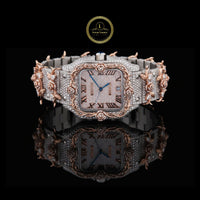 Full Iced Out Diamond Watch with Floral Vine Bezel, Roman Dial & Date Display