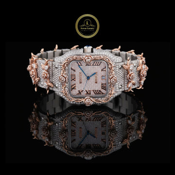 Full Iced Out Diamond Watch with Floral Vine Bezel, Roman Dial & Date Display
