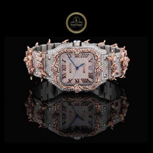 Full Iced Out Diamond Watch with Floral Vine Bezel, Roman Dial & Date Display