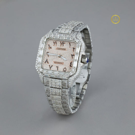 Full Iced Out Diamond Square Watch with Baguette Bezel & Stylized Numeral Dial