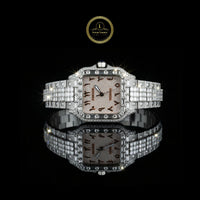 Full Iced Out Diamond Square Watch with Baguette Bezel & Stylized Numeral Dial