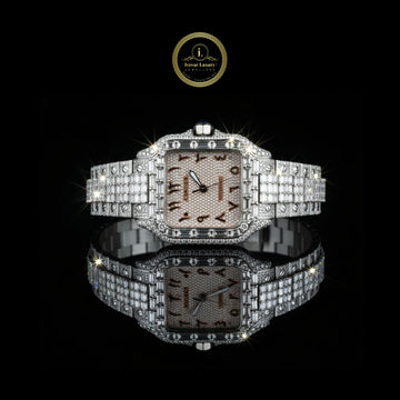 Full Iced Out Diamond Square Watch with Baguette Bezel & Stylized Numeral Dial