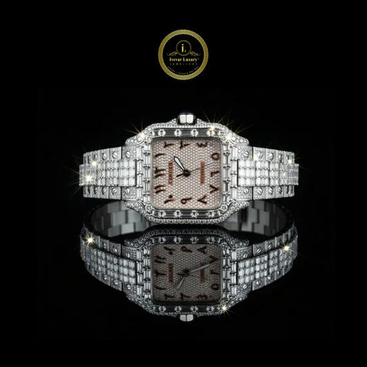 Luxury Statement Watch Duo – Silver Baguette Full Iced Automatic And Black Chronograph Watch