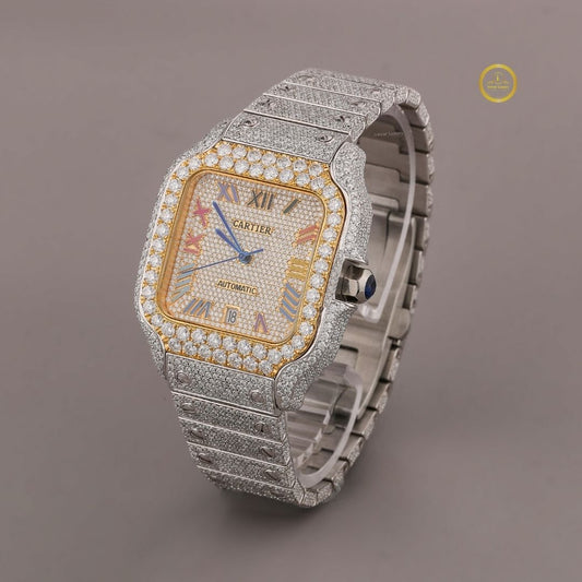 Moissanite Diamond-Encrusted Automatic Watch with Two-Tone Bezel and Multicolor Roman Numeral Dial