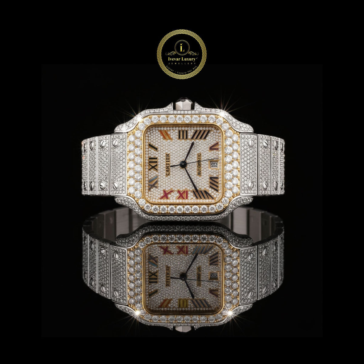Classic Square Dial Lab-Grown Diamond Watch with Roman Numeral Dial, Iced Bezel, and Refined Luxury Finish By Ivevar