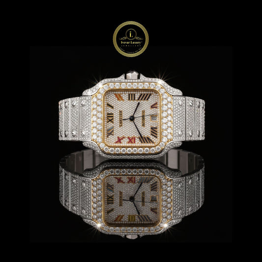 Moissanite Diamond-Encrusted Automatic Watch with Two-Tone Bezel and Multicolor Roman Numeral Dial