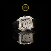 Exquisite Diamond-Studded Square Luxury Timepiece with Roman Numerals and Black Leather Strap