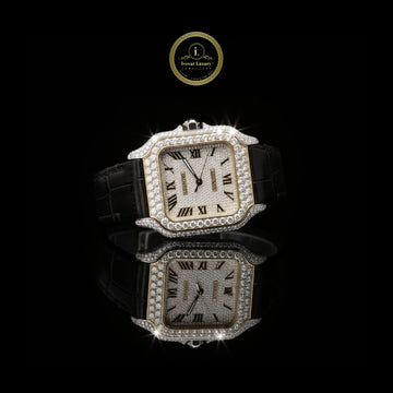 Exquisite Diamond-Studded Square Luxury Timepiece with Roman Numerals and Black Leather Strap