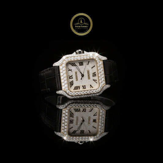 Exquisite Diamond-Studded Square Luxury Timepiece with Roman Numerals and Black Leather Strap