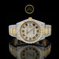 Full Iced Out Two-Tone Calendar Watch with Black Roman Diamond Dial and Date Display