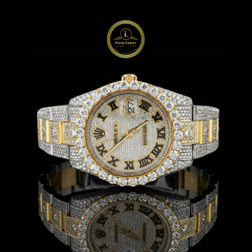Full Iced Out Two-Tone Calendar Watch with Black Roman Diamond Dial and Date Display