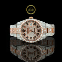 Full Iced Out Two-Tone Calendar Watch with Black Roman Diamond Dial