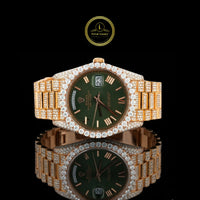 Rose Gold Calendar Watch with Green Face Round Diamond Executive Band