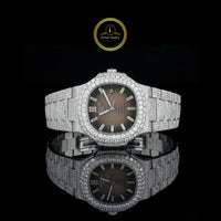 Full Iced Out Diamond Watch with Brown Sunburst Dial & Diamond Link Band