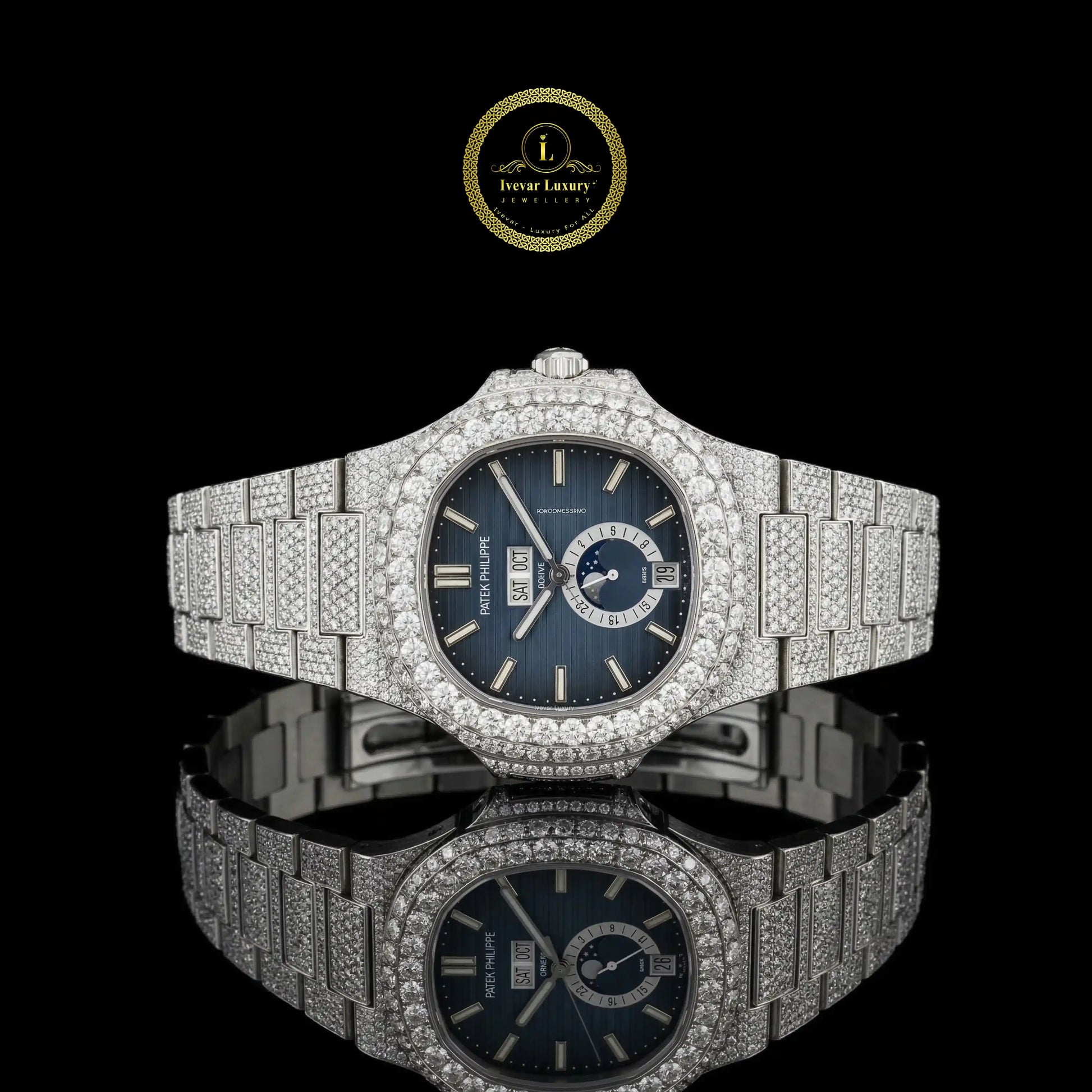 Luxury diamond-encrusted watch with blue face 