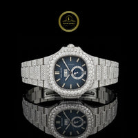 Full Iced Out Diamond Moonphase Watch with Blue Sunburst Dial & Day Date Display