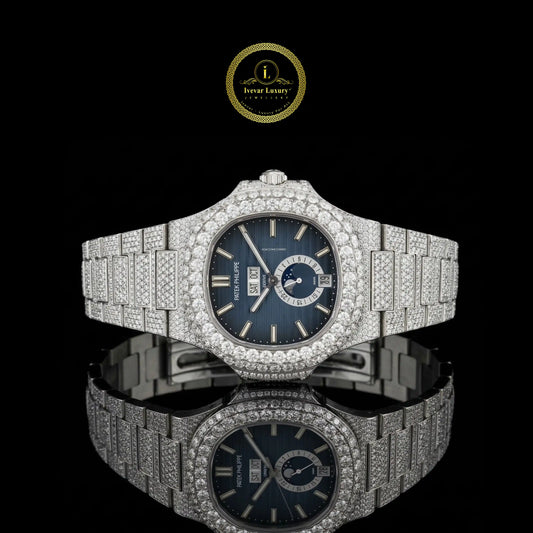 Luxury diamond-encrusted watch with blue face 