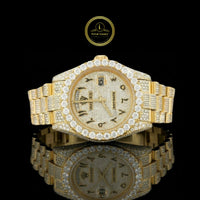 Full Iced Out Yellow Gold Calendar Watch with Arabic Numeral Diamond Dial