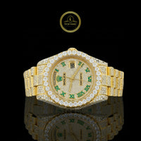 Full Iced Out Yellow Gold Calendar Watch with Green Roman Numeral Diamond Dial