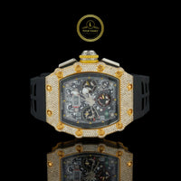 Two-Tone Half Iced Out Skeleton Chronograph Moissanite Diamond Watch With Rubber Strap