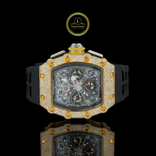Two-Tone Half Iced Out Skeleton Chronograph Moissanite Diamond Watch With Rubber Strap