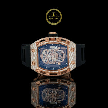 Rose Gold Diamond Skull Skeleton Watch with Pavé Case & Black Rubber Strap