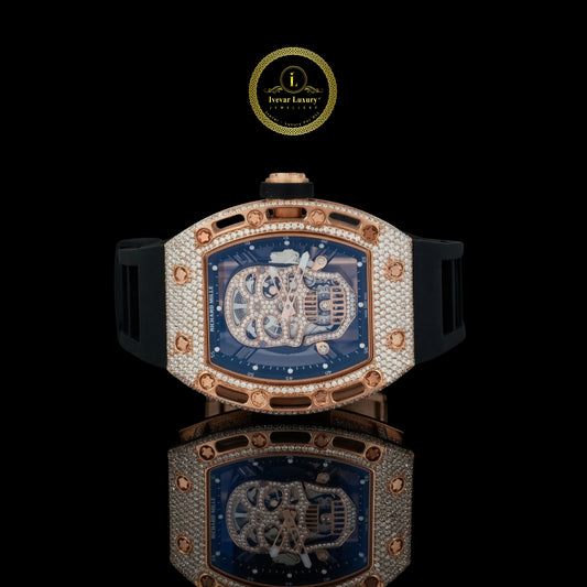 Rose Gold Diamond Skull Skeleton Watch with Pavé Case & Black Rubber Strap