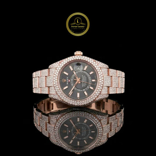 Luxury Black Leather Band Bezel Statement Watch With Rose Gold Ice Out Watch For Men's By Ivevar