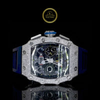 Diamond Tonneau Skeleton Chronograph Watch with Blue Rubber Strap