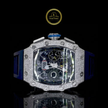 Diamond Tonneau Skeleton Chronograph Watch with Blue Rubber Strap