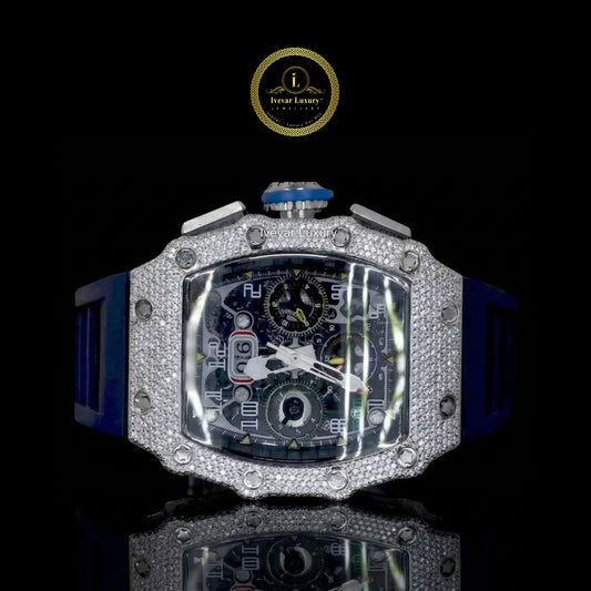 Diamond Tonneau Skeleton Chronograph Watch with Blue Rubber Strap