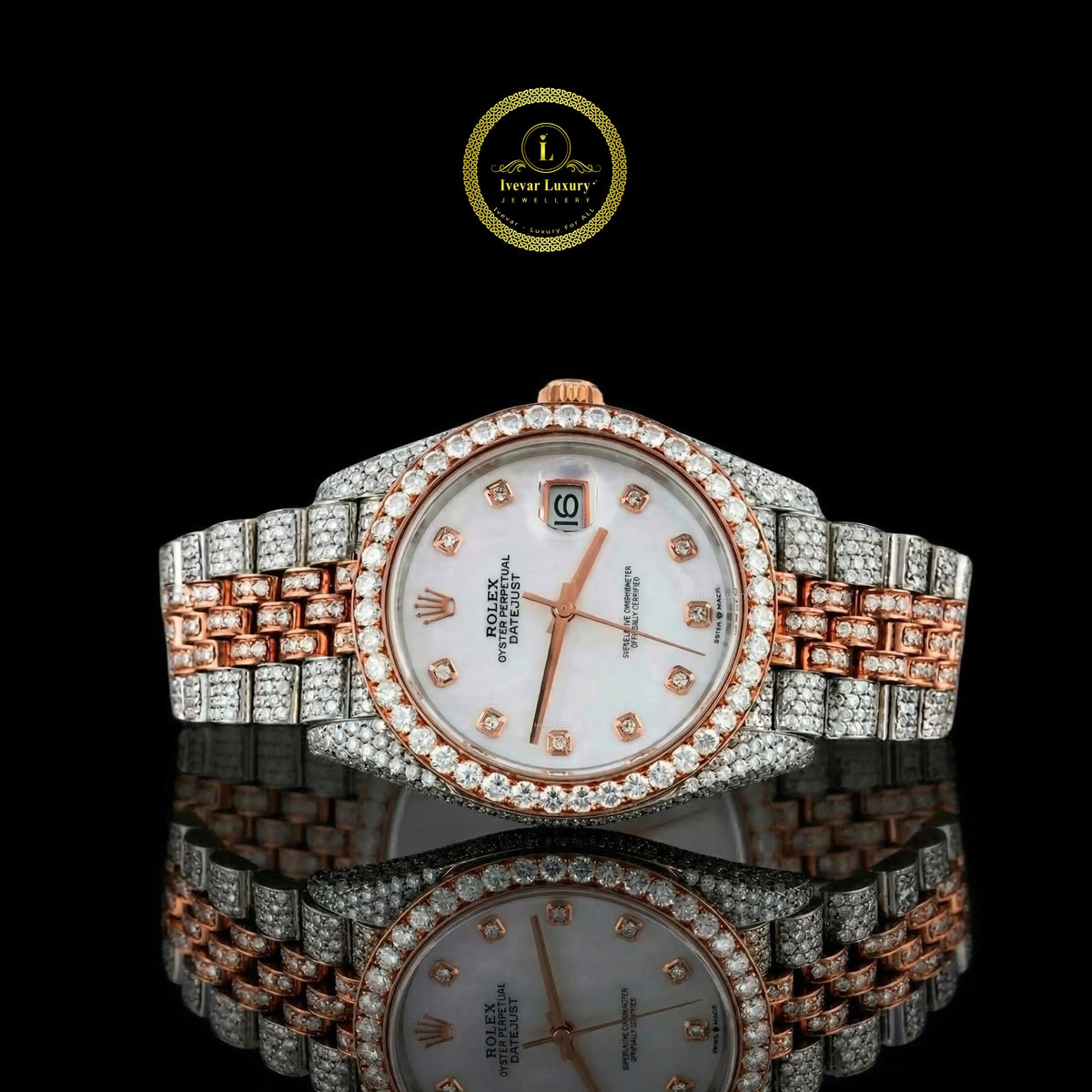 Full Iced Out Two-Tone Calendar Watch with White MOP Dial & Diamond Markers
