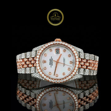 Full Iced Out Two-Tone Calendar Watch with White MOP Dial & Diamond Markers