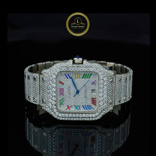 Luxury diamond-encrusted watch with colorful face 