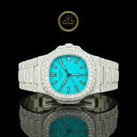 Full Iced Out Nautilus Style Watch with Tiffany Blue Face & Diamond Bracelet