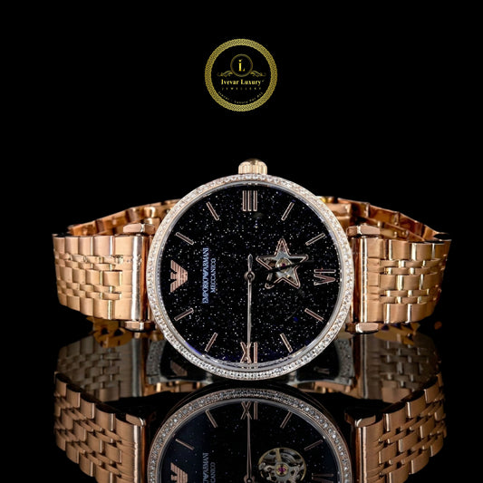 Luxury watch with rose gold band and black face 